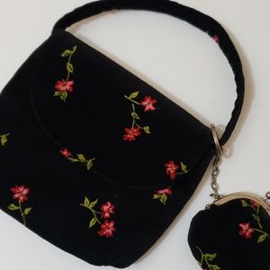 Vintage Old Navy Black w Red Flowers Small Purse
